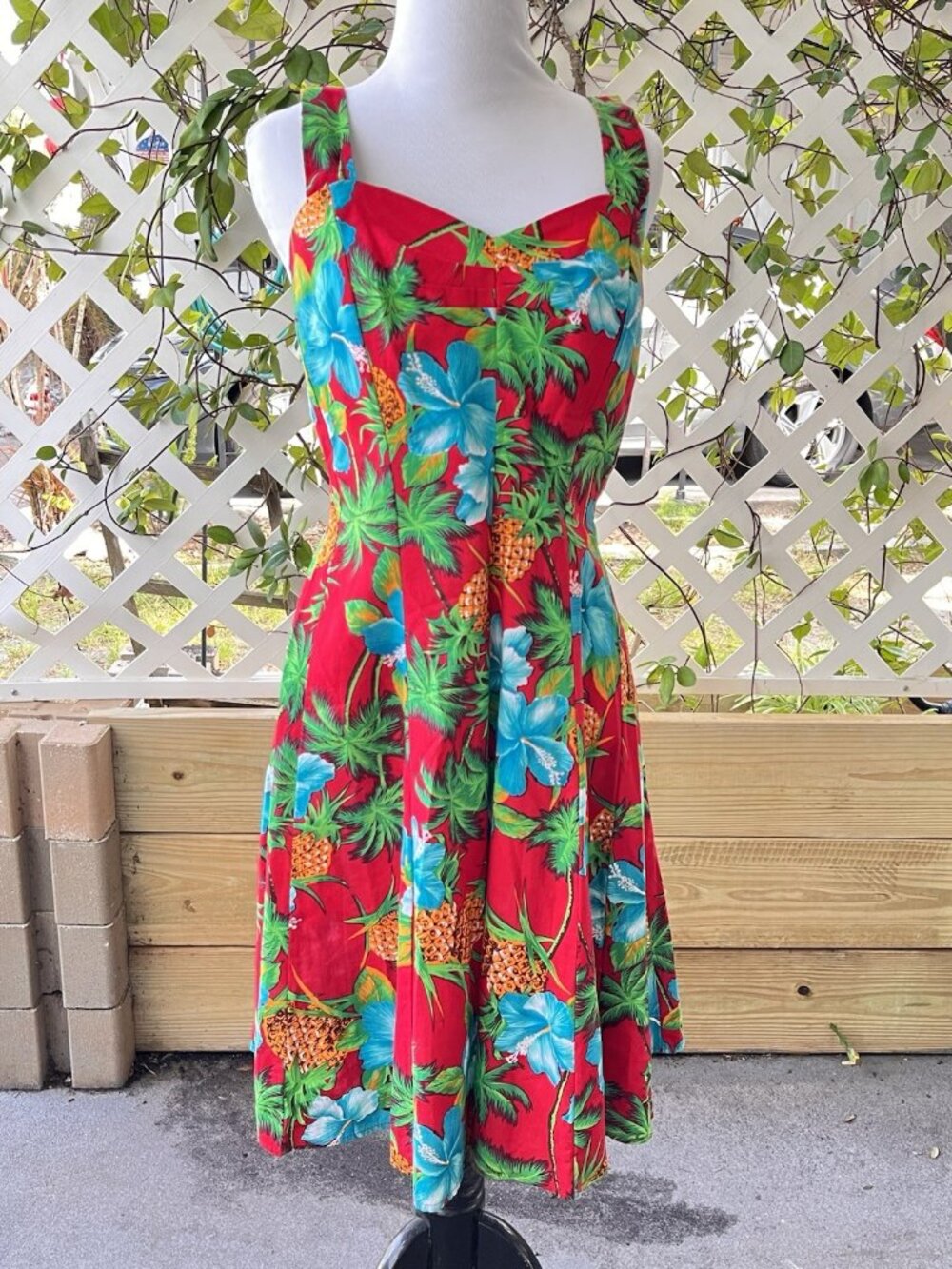 VTG Royal Creations Dress Hawaii Red Tropical Sundress Hibiscus Pineapple Sz M
